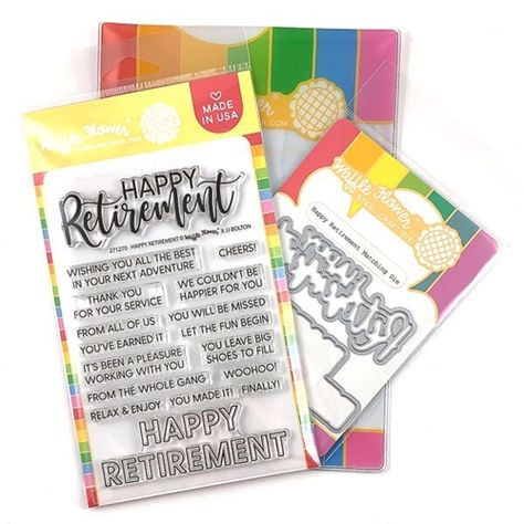 Waffle Flower HAPPY RETIREMENT Clear Stamp and Die Combo WFC270 Love You To Pieces, My Better Half, Birthday Stamps, Retirement Cards, Steel Flowers, Happy Retirement, Scrapbooking Photo, Photopolymer Stamps, Let The Fun Begin