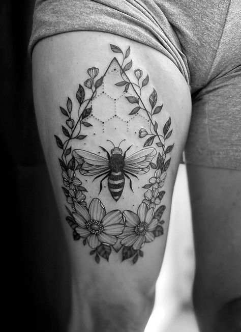 Bee Thigh Tattoo, Bee Arm Tattoo, Feminine Knee Tattoo, Bees Knees Tattoo, Ink Poisoning, Zebra Tattoos, Mole Tattoo, Playing Card Tattoos, Convention Tattoo