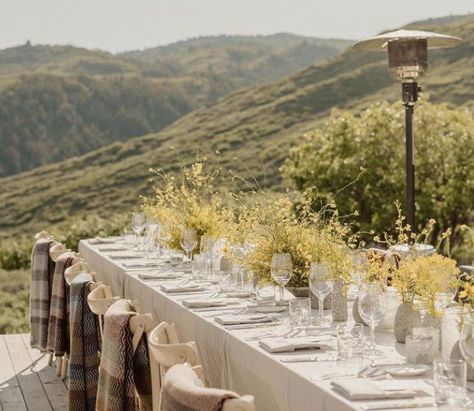 Sky Ranch, Welcome Dinner, Dinner Drinks, Yellow Wildflowers, Outdoor Patio Space, Outdoor Dinner, Wedding Table Settings, Welcome To The Party, Wedding Tablescapes