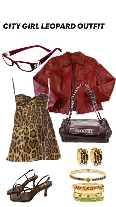 leopard print dress city girl style red leather jacket bayonetta glasses leopard print outfit chanel vintage purse Y2K Leopard Print Outfit, Bayonetta Glasses, Leopard Outfit, City Girl Style, Glasses Outfit, Chicago Outfit, Leopard Print Outfits, Leopard Outfits, Chanel Vintage