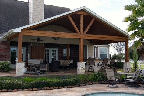 Gable Roof Patio, Patio Attached To House, Roof Patio, Porch Kits, Covered Patio Design, Building A Porch, Patio Pergola, Porch Roof, Pergola Attached To House