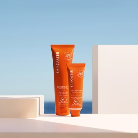 Lancaster Sun Sensitive collection Sun Cream Photography, Sunscreen Product Photography, Shampoo Product Photography, Sunscreen Packaging, Natural Cosmetics Brands, Shampoo Packaging, Beauty Skin Quotes, Sun Screen, Perfume Photography