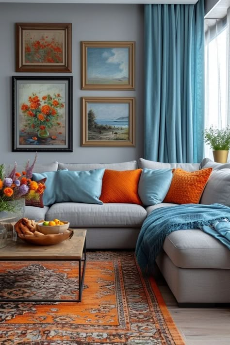 Light Blue Victorian Living Room, Colorful Minimalist Home Living Room, Colourful Minimalist Decor, Living Room Colour Design, Colorful Family Room, Colorful Condo, Blue And Orange Living Room, Colourful Living Room Decor, Living Room Orange