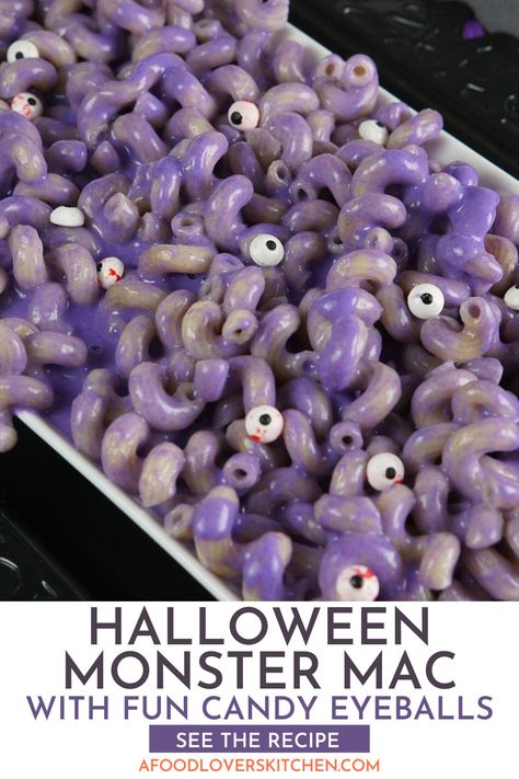 Halloween Monster Mac is fun, with it's vibrant purple color, creepy toppings, and a gooey, cheesy sauce, this dish is sure to be a hit with both kids and adults. Vegetarian Halloween, Purple Food Coloring, Candy Eyeballs, Favorite Pasta Recipes, Scream Halloween, American Holidays, Purple Food, Festive Desserts, Candy Sprinkles