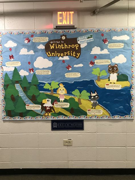 This board was 120% inspired by Animal Crossing: New Horizons! My university is combining our August "Welcome Back" curriculum theme with the September "Social Safety" theme within Residence Life, and so my board is titled "Welcome to Winthrop University: Safe Horizons". The characters are giving the residents a combination of safety and welcome advice to help them safely make my university their home. The gifts provide more general social safety information to help residents beyond the building Animal Crossing Ra Bulletin Board, Animal Crossing Door Decs, Ra Welcome Board, Animal Crossing Classroom Theme, Animal Crossing Classroom, Residence Hall Themes, Animal Crossing Bulletin Board, Acnh Classroom, Ra Welcome Bulletin Boards