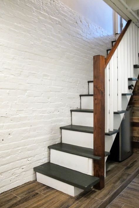 Cozy Chic Basement Reno with Exposed Painted Joists & Wood Tile Floors Painting Basement Stairs, Basement Stairs Remodel, Basement Staircase, Basement Stairs Ideas, Basement Painting, Rustic Stairs, Modern Basement, Diy Basement, Stair Remodel