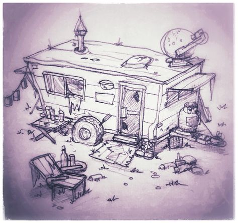 10 #rv #trailer #home #trailerpark #wrongsideofthetracks #hovel #tenementonwheels #sketch #artist #mikephillipsart Rv Concept Art, Rv Drawing, Trailer Drawing, Scenic Design Sketch, Building Drawings, Interior Concept Art, Environment Sketch, Devil Aesthetic, Rv Trailer