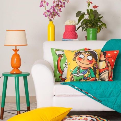 Quirky Interior Design, Quirky Interior, Indian Room Decor, Colourful Living Room Decor, Quirky Home, Inspired Furniture, Cushion Cover Designs, Colourful Living Room, Quirky Home Decor