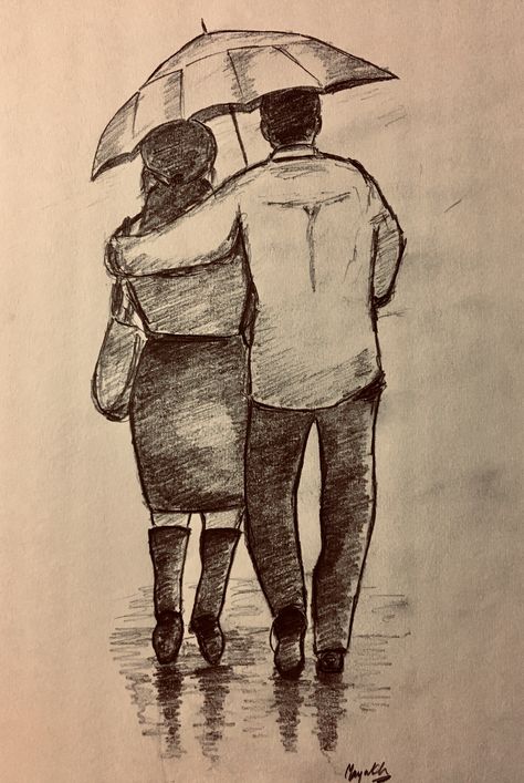 Walking in the rain Couple In Rain Sketch, Couple In The Rain Drawing, Walking In The Rain Drawing, Holding Umbrella Reference Drawing, Walking In The Rain Painting, Walking Sketch, Umbrella Sketch, Rain Sketch, Rainy Day Drawing