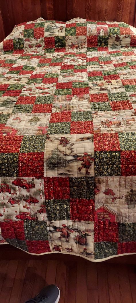 My Christmas queen size quilt 2022 Christmas Wishes Quilt Pattern, Christmas Quilts With Panels, Vintage Christmas Quilt Patterns, Xmas Quilts Free Pattern, Christmas Puff Quilt, Simple Christmas Quilt, Christmas Quilts Easy, Easy Christmas Quilts, Christmas Quilts Ideas Free Pattern