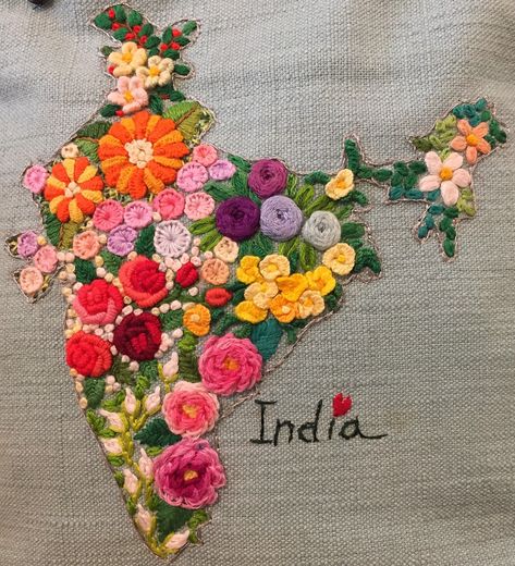 Flower embroidery  #india #map #embroidery #color #flower Kerala Map, Map Embroidery, Embroidery Map, Map Of India, India Map, Color Flower, Hand Embroidery Design, Embroidery Fabric, Flower Embroidery