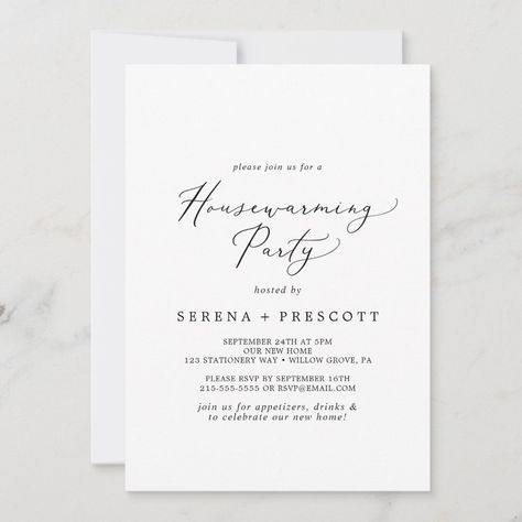 Delicate Black Calligraphy Housewarming Party Invitation Size: 5" x 7". Gender: unisex. Age Group: adult. Material: Matte. Simple Engagement Party Invitations, Typography Contemporary, Engagement Dinner Party, Bridal Tea Party Invitations, White Engagement Party, Silver Calligraphy, Gold Engagement Party, Bridal Luncheon Invitations, Chic Typography