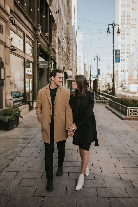 Detroit Engagement Session Date Night Dress With Black Heels, Urban Engagement Photos, Long Silk Dress, Engagement Outfit Ideas, Engagement Photo Outfits Fall, Urban Engagement, City Engagement Photos, Classy Couple, Engagement Outfit