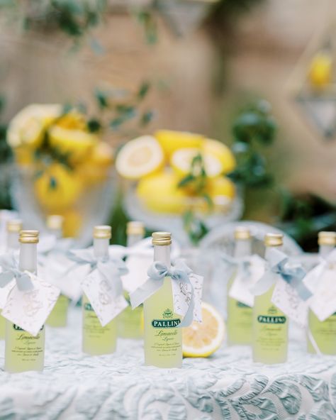 Individual Limoncello bottles with escort tags that double as wedding favors. Tuscan Elopement, Lavender Border, Watercolor Envelope, 2023 Weddings, Favor Table, Wedding Favor Table, Grand Rapids Wedding, Beautiful Cake Designs, Italian Heritage