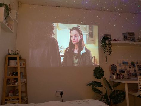 #projector in room #cozybedroom Projector In Bedroom Aesthetic Cozy, Aesthetic Room With Projector, Small Room Projector Setup, Cozy Room With Projector, Bedroom Movie Projector, Dorm Room Projector, Room Projector Aesthetic, Dorm Projector, Small Room Projector