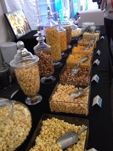 One of our Popcorn Bar set ups. Popcorn Bar Ideas, Wedding Table Snacks, Wedding Reception Food Appetizers, Gourmet Popcorn Bar, Popcorn Station, Party Snack Table, Easy Popcorn, Breakfast Catering, Popcorn Wedding