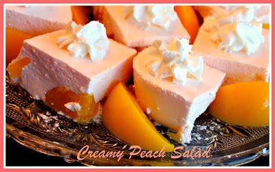 Creamy Peach Salad ~ Peach Jello, cream cheese, peaches, crushed pineapple, whipped topping; makes a 13x9 pan. #dessert Peach Jello, Congealed Salad, Classic Southern Recipes, Jello Desserts, Peach Salad, Jello Recipes, Canned Peaches, Corn Bread Recipe, Holiday Recipes Christmas