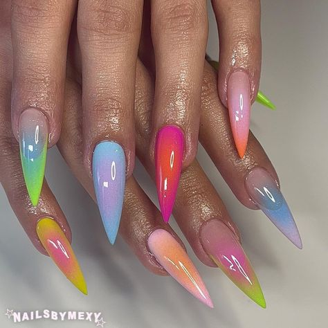 Alyssa | LA&IE nail tech | colorful auras💕🩷💫⭐️ using @southtxnailsupply shimmer top coat which is CHEFS KISS…. use code mexyy10 for 10% off any purchase😘 … | Instagram Colorful Coffin Nail Ideas, Vacation Acrylics, Colorful Aura Nails, Aura Nails Rainbow, Colorful Y2k Nails, Coffin Aura Nails, Summer Aura Nails, Aura Nails Tutorial, Rainbow Flame Nails