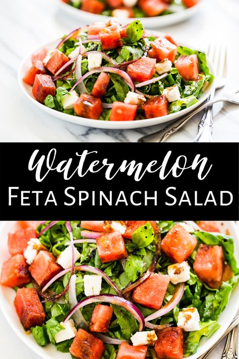 This Watermelon Feta Spinach Salad is so refreshing in the summer months! We love to make a meal out of it with grilled chicken on the side. It's packed with flavor thanks to the feta cheese and juicy cubes of watermelon. Add to that the crunch of red onion, a drizzle of balsamic vinegar, and your favorite herb. We love adding in basil, but mint is very good as well.  #glutenfree #healthy #salad #watermelonsalad #spinachsalad #cleaneating Watermelon Spinach Salad, Watermelon And Spinach Salad, Balsamic Chicken Salad, Spinach Watermelon Feta Salad, Watermelon Salad With Balsamic Vinegar, Watermelon Salad With Feta Cheese, Greek Watermelon Feta Salad, Spinach Feta Salad, Watermelon Chicken