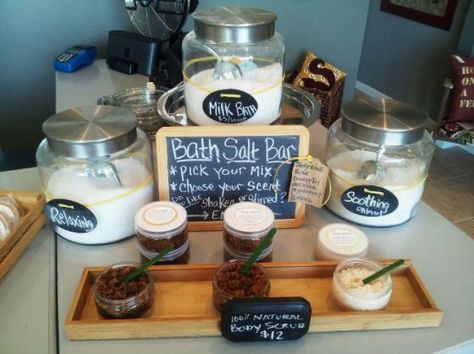 bath salt bar Build Your Own Bath Salt Bar, Bath Salt Bar Display, Bath Salt Display Ideas, Bath Salt Bar Party, Make Your Own Bath Salts Bar, Bath Salt Bar, Diy Bath Salt, Enchanted Forest Baby Shower, Epson Salt