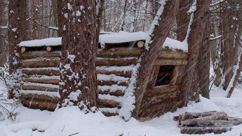 In a wild forest on the edge of a ravine, I found the perfect place to build a bushcraft-shelter. In this forest, there are a lot of wind-fallen trees, many ... Winter Survival Shelter, Winter Bushcraft Shelters, Bushcraft Shelter Long Term, Survival In The Woods, Winter Bushcraft, Shelters In The Woods, Bushcraft Shelter, Off Grid Survival, Diy Outdoor Fireplace