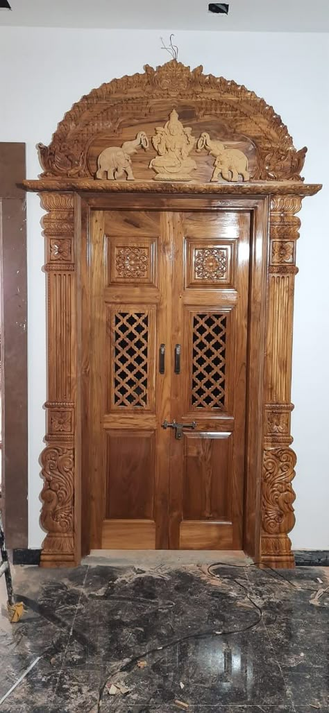 Pooja Teak Door Design, Pooja Room Frame Carving Design, Wooden Pooja Room Door Design, Vinayagar Main Door Design, Pooja Room Door Design Wood Carving, Latest Pooja Room Door Designs, Puja Room Door Design, Pooja Room Door Design Modern, Pooja Room Door