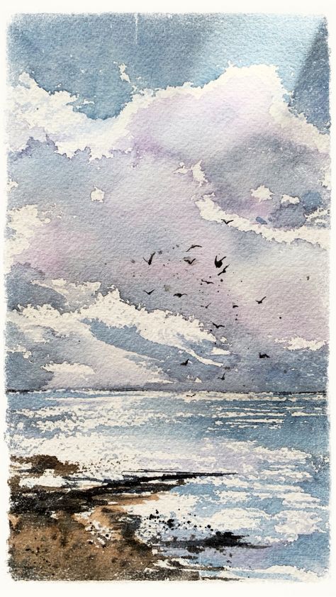 Watercolor Painting Sea, Scenery Watercolor Paintings, Watercolor Beach Scenes, Watercolour Seascapes, Watercolor Seascapes, Watercolour Beach, Seascape Watercolor, Ocean Watercolor, Coastal Watercolor