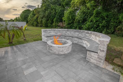 Outdoor Stone Bench Seating, Patio With Fire Pit And Seating Wall, Fire Pit With Retaining Wall Seating, Fire Pit Square Ideas Backyard, Fire Pit With Built In Bench, Curved Fire Pit Bench, Fire Pit With Seating Wall, Fire Pit With Bench Seating, Paver Bench Seating Areas