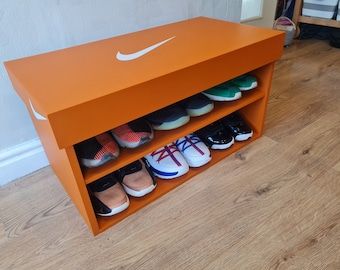 Nike Shoe Box Storage, Boys Room Storage, Shoes Design Ideas, Sneaker Storage Box, Shoe Box Design, Shoes Boxes, Basketball Room, Shoe Box Storage, Boys Bedroom Makeover