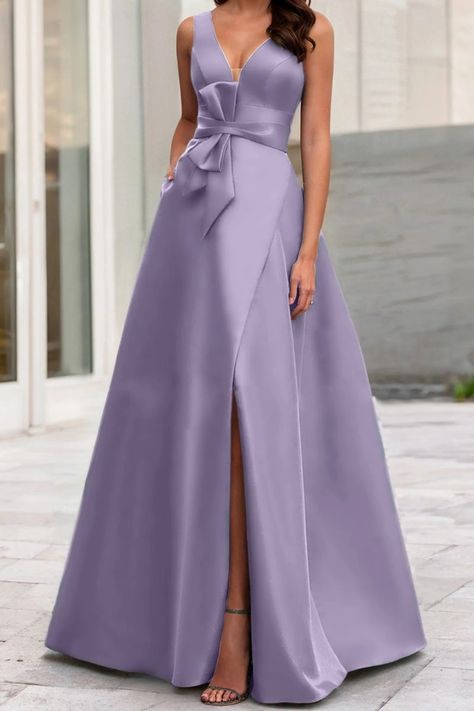 Fabric: Satin Silhouette: A-Line/Princess Neckline: V-Neck Hemline/Train: Floor-Length Embellishment: Knot Bow,Split Side Sleeve: Sleeveless Years: 2025 Knot Bow, Dusty Purple, Bride Dresses, Mother Of The Bride Dresses, Mother Of The Bride, Floor Length, The Bride, Knot, Split