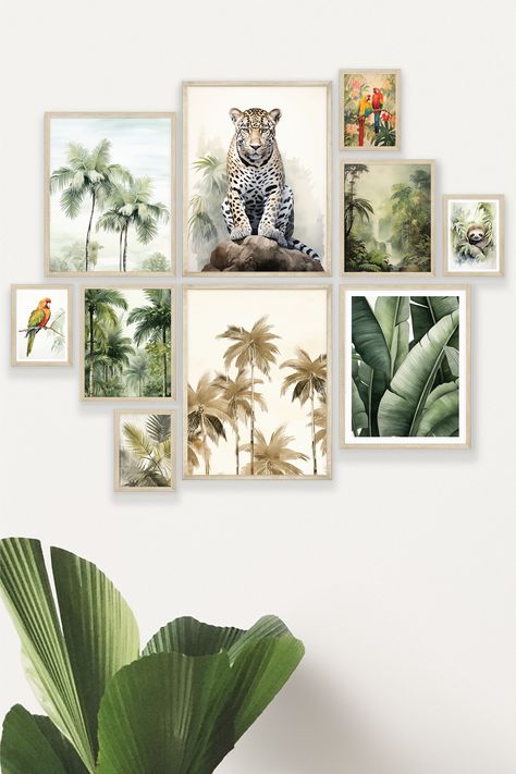 Tropical Gallery Wall Art Tropical Gallery Wall, Gallery Wall Prints, Palm Tree Print, Tropical Birds, Bedroom Hallway, Wall Ideas, Photographic Paper, Animal Wall Art, Art Gallery Wall