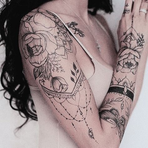 Feminine Tattoo Sleeves Spiritual, Feminine Energy Tattoo Sleeves, Masculine And Feminine Energy Tattoo, Floral Goddess Tattoo, Flower And Crystal Tattoo Sleeve, Mandala Arm Tattoos, Bohemian Tattoo, Capricorn Tattoo, Self Love Tattoo