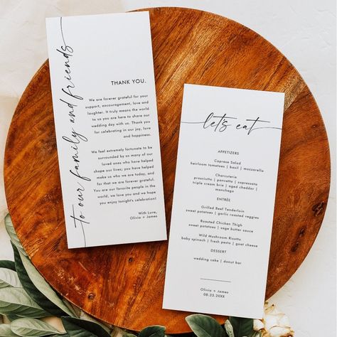 Wedding Menu Thank You Note, Wedding Place Settings Without Plates Menu Cards, Menu Thank You Card Wedding, Thank You And Menu Card Wedding, Wedding Thank You Notes On Table, Wedding Table Menu Cards, Table Menu Wedding, Menu For Wedding, Wedding Buffet Menu