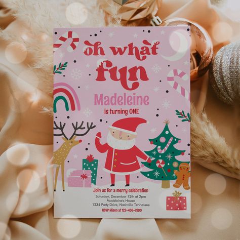 Oh What Fun Pink Santa Christmas Birthday Party Invitation Winter Birthday Invitations, Winter Onederland Birthday Party, Winter Invitations, Onederland Birthday Party, Winter Onederland Birthday, Pink Santa, Oh What Fun, Christmas Birthday Party, Christmas Stationery