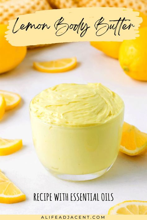 Whipped and creamy lemon body butter in a glass jar surrounded by decorative fresh lemon slices. Text overlay: lemon body butter recipe with essential oils. Lemon Body Butter, Body Butter Recipe Whipped, Body Butter Recipes, Recipes For Glowing Skin, Lemon Sugar Cookie, Diy Body Butter Recipes, Body Butter Recipe, Cocoa Cake, Homemade Body Butter