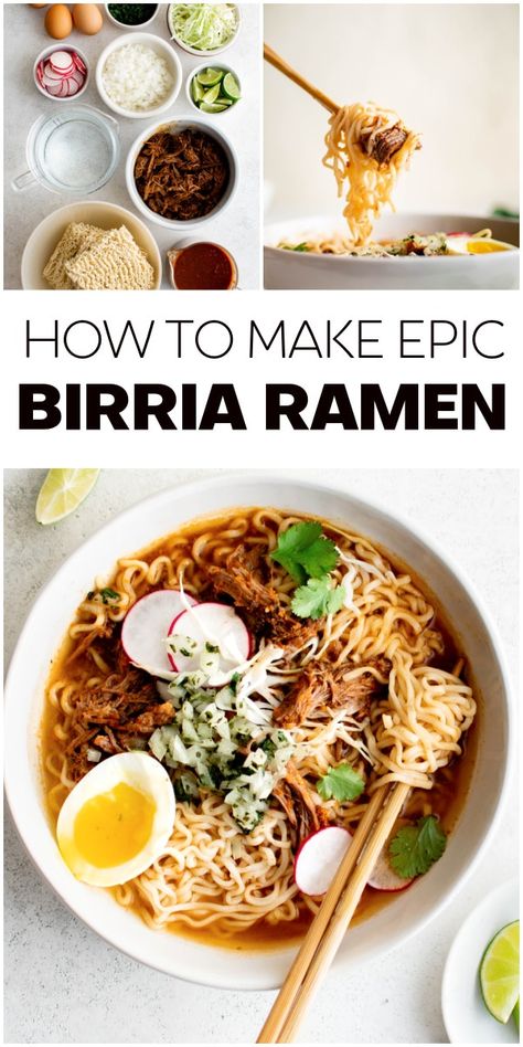 Beef Ramen Recipe, Top Ramen Recipes, Birria Ramen, Beef Birria Recipe, Ramen Recipes Easy, Mexican Shredded Beef, Best Healthy Dinner Recipes, Meat Eater, Instant Ramen