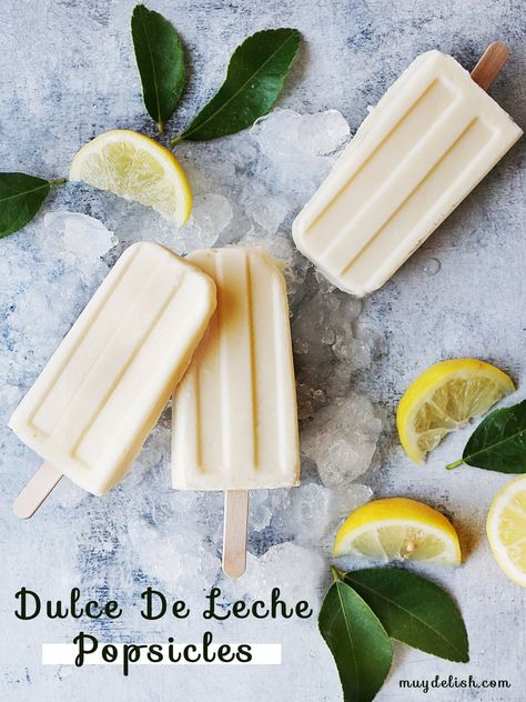 This 3-ingredients Dulce De Leche Lemon Popsicles recipe is delicious and so refreshing! They're so easy to make and everyone will love them! #popsicles #paletas #frozendesserts #summer #dessert Paletas Recipes, Lemon Popsicles, Creamy Popsicles, Homemade Popsicles, Cold Treats, Ice Cream Popsicles, Popsicle Recipes, Healthy Homemade, Frozen Desserts