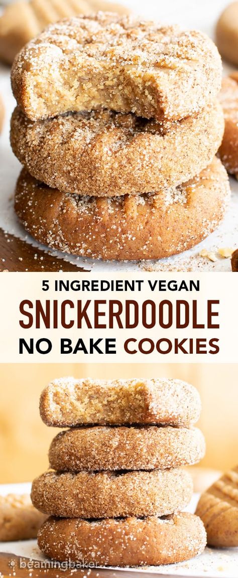 5 Ingredient No Bake Snickerdoodle Cookies (Vegan, Gluten Free) - Beaming Baker Thermomix Cheesecake, Gluten Free Snickerdoodle Cookies, Healthy Baking Desserts, Gluten Free Snickerdoodles, Low Carb Snack, Snickerdoodle Cookies, Cookies Vegan, Dessert Aux Fruits, Desserts Vegan