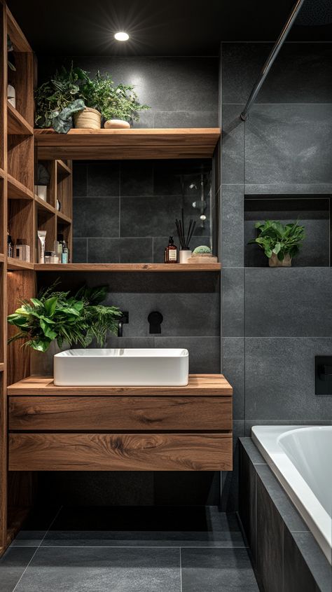 37 Breathtaking Modern Bathroom Designs for Your Home Guys Bathroom Ideas Modern, White Marble And Wood Bathroom, Black Bathroom Tile Ideas, Bathroom Grey And Wood, Large Half Bath, Basic Bathroom Ideas, Bathroom Grey Wood, Black White Wood Bathroom, Men’s Bathroom Ideas