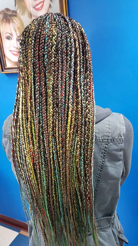 Multi Colored Box Braids, Vacation Hair, Colored Box Braids, Vacation Hairstyles, Colourful Hair, Braid Hair, Sisterlocks, Faux Locs, French Braid