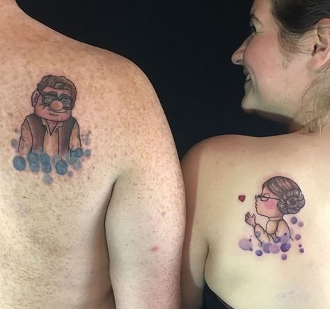 Disney couple matching tattoos Carl and Ellie up as Han and Leia Star Wars Up Couple Tattoos, Carl And Ellie Tattoo, Star Wars Couple Tattoo Ideas, Up House Tattoo, Disney Husband And Wife Tattoos, Matching Star Wars Tattoo Best Friends, Couple Tattoos Up Movie, Star Wars Couple Tattoo, Up Tattoo Disney Couple