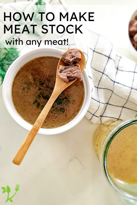 Discover the secrets of a delicious and richly flavor homemade meat stock. Though it's easier and gentler on your gut, it's still packed with nutrients, minerals, and flavor. Whether it's chicken, beef, or pork meat stock, you can have this hearty meat broth in no time. Meat Stock | Meat Broth | How to Make Meat Stock | Bone broth vs. Meat Broth Meat Stock Vs Bone Broth, Meat Stock Recipes, Meat Broth Recipes, Pork Broth Recipes, Meat Freezer, Soup With Beef Broth, Carnivore Ideas, Postpartum Recipes, Postpartum Meal