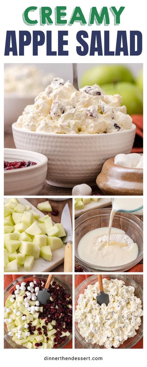 Creamy Apple Salad is an old-fashioned cool and creamy dessert salad made with tart apples, cranberries, cool whip, and mini marshmallows. Apple Marshmallow Salad, Creamy Apple Salad, Apple Salad With Cool Whip, Apple Salad With Marshmallows, Apple Salad Recipe Easy, Marshmellow Salad, Apple Salad Dressing, Apple Salads, Marshmallow Salad