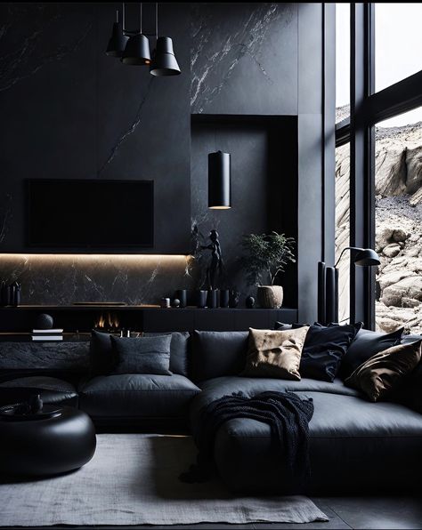 All Black Interior Design, Black Bathroom Aesthetic, Dark Deco, Modern Room Design, Bold Interior Design, Dark Interior Design, Studio Apartment Living, Dark Living Rooms, Get Design