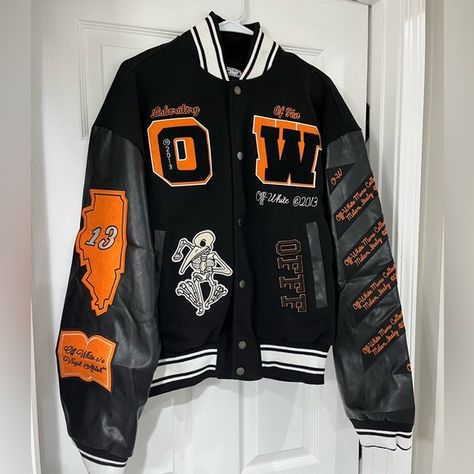 Off-White Varsity Jacket Off White Varsity Jacket, White Varsity Jacket, Revenge, Motorcycle Jacket, Varsity Jacket, Off White, Outfit Inspo, Closet, Fashion Tips