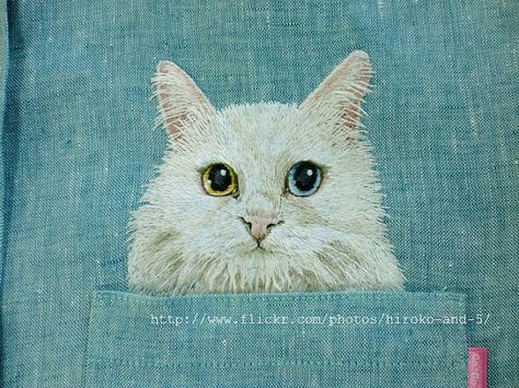 hand embroidered white cat in the pocket on the fine light blue green linen shirt for women Embroidered Cat, Cat Machines, Diy Cat Toys, Floral Cross Stitch Pattern, Cute Cat Face, Cat Embroidery, Embroidery Tshirt, Stuffed Animal Cat, Cats Artists