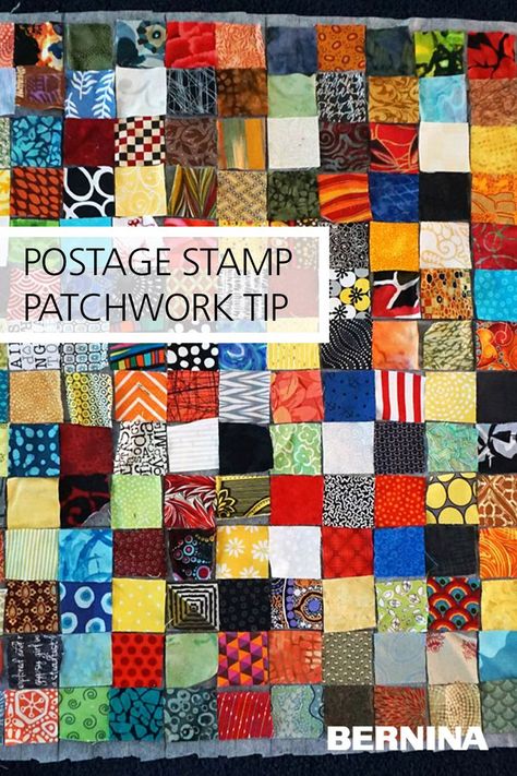 Make Postage Stamp Patchwork in no time with this quick patchwork tip! Turn your tiny patchwork squares into a pillow, baby quilt, or other project. Learn more on the blog at weallsew.com. Easy Postage Stamp Quilt, Postage Stamp Quilt Pattern Free, Postage Stamp Quilts, Boho Heart Quilt, Scrappy Quilts Ideas, Quilt Sashing Ideas, Patchwork Quilts For Beginners, Quilt Sashing, Crumb Quilting