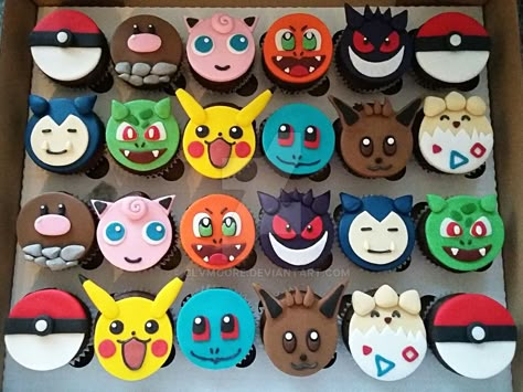 Pokemon Cupcakes by clvmoore.deviantart.com on @DeviantArt Charizard Cupcakes, Pokemon Cupcake Ideas, Pokémon Cupcakes, Cupcakes Pokemon, Pokemon Cupcakes Toppers, Sponge Cupcakes, Cupcakes With Chocolate Frosting, Pokemon Food, Pokemon Cupcakes