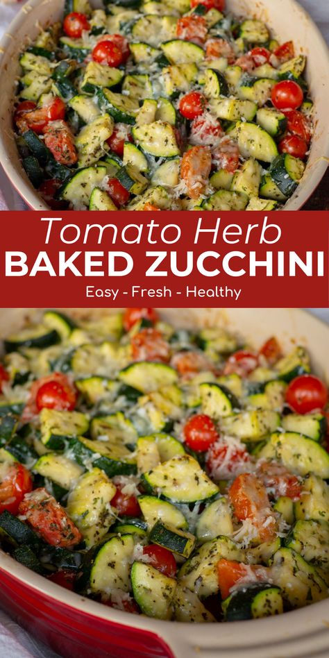 This Baked Herb Tomato Zucchini is the recipe to get zucchini skeptics to eat their vegetables. With flavors that remind me of a tomato bruschetta, they might even reach for a second helping! With just a few simple ingredients and 10 minutes of prep, it is a great recipe to add to your rotation. Zucchini And Roma Tomato Recipes, Beet And Zucchini Recipes, Zucchini Cherry Tomato Recipes, Bake Zucchini And Squash, Zuchinis And Tomato Recipe, Zucchini Side Dishes Recipes, Carrot Zucchini Recipes, Zucchini Ideas Healthy Recipes, Zucchini Tomatoes Recipes