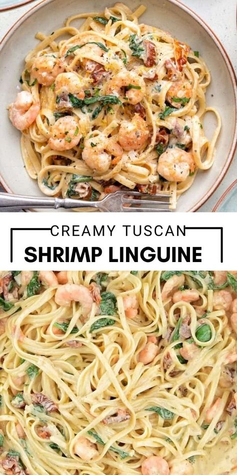 Shrimp Bacon Linguine Recipe, Shrimp Linguine Recipe Healthy, Creamy Tuscan Shrimp Linguine, Seafood Linguine Recipe Creamy, Creamy Linguine Recipes, Creamy Shrimp Linguine Recipe, Shrimp Linguini Recipe, Shrimp And Linguine Recipes, Shrimp Linguine Recipe Easy